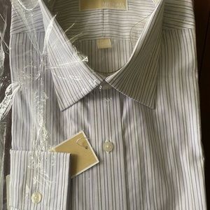 Mens michael kors long sleeve dress shirt white with purple and blank stripes.